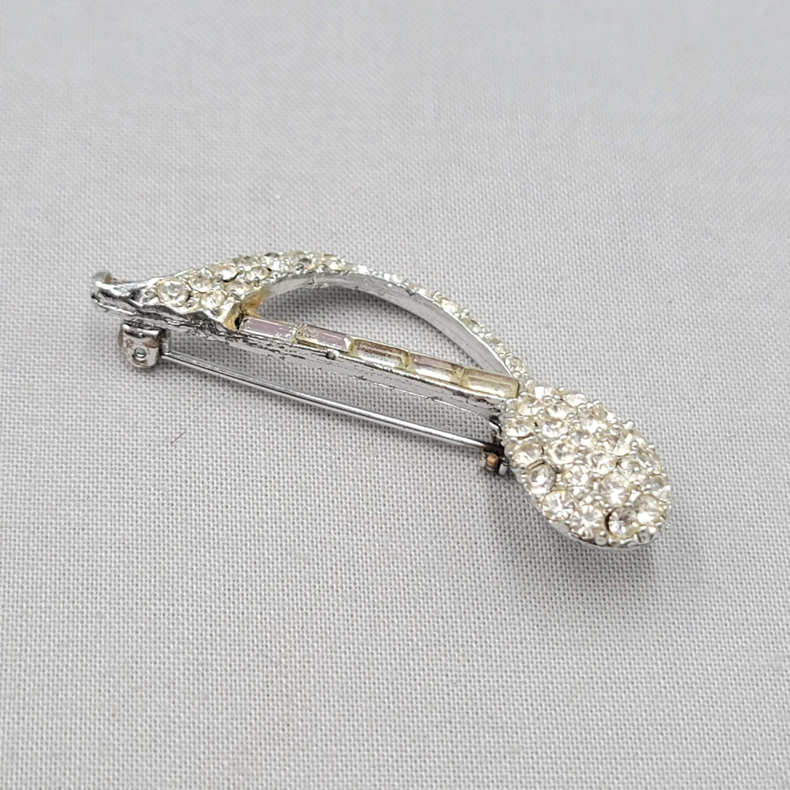 Vintage Music Note 8th Note Brooch Silver tone Clear Rhinestone Baguette 2″