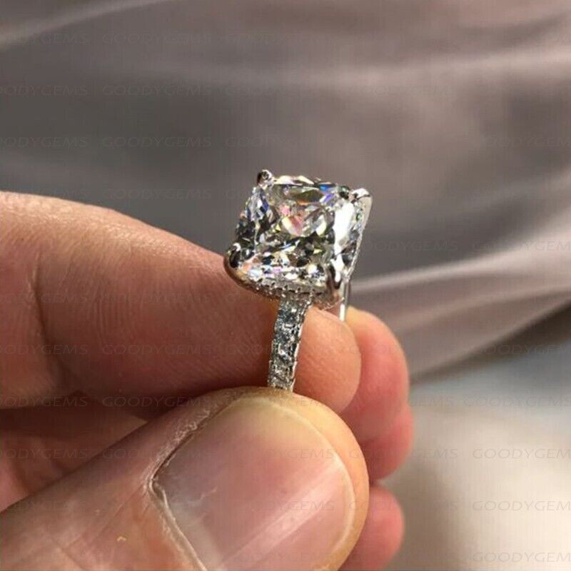 2.60CT White Cushion Moissanite Hidden Engagement Ring 14k White Gold Plated