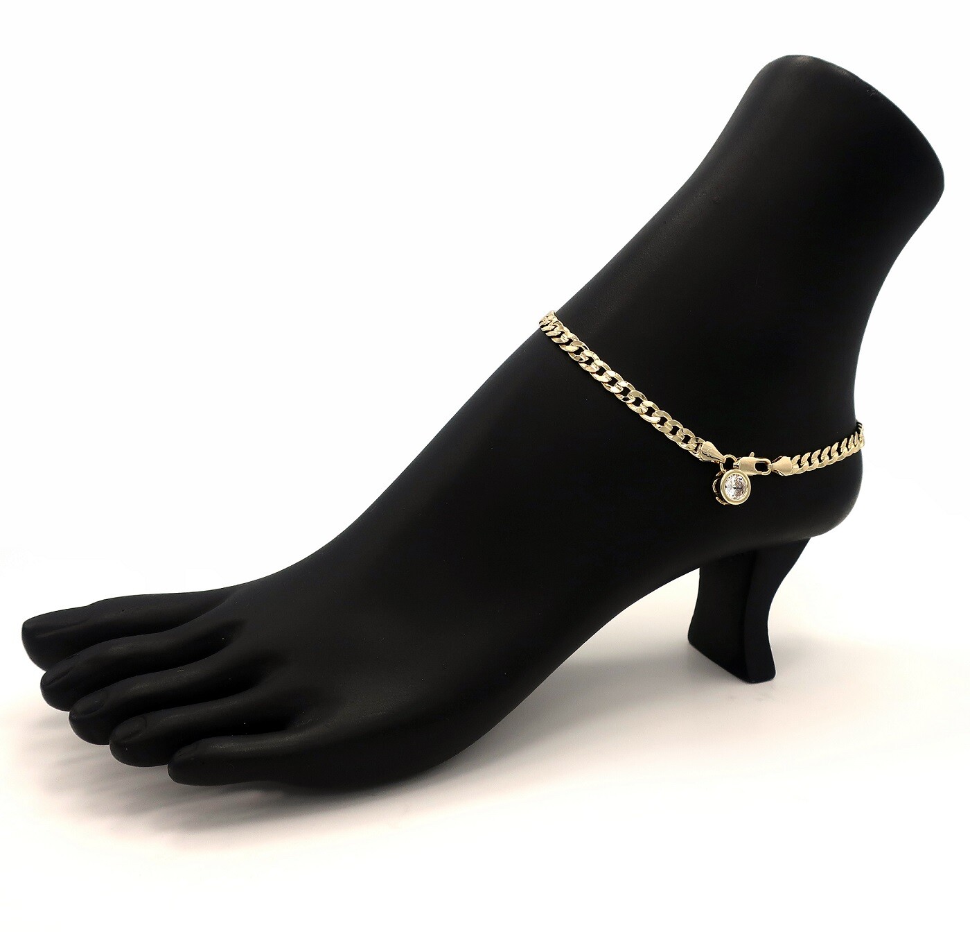10″ CONCAVE CUBAN LINK CHAIN 5mm ANKLET CUBIC ZIRCONIA BRACELET 14K GOLD PLATED