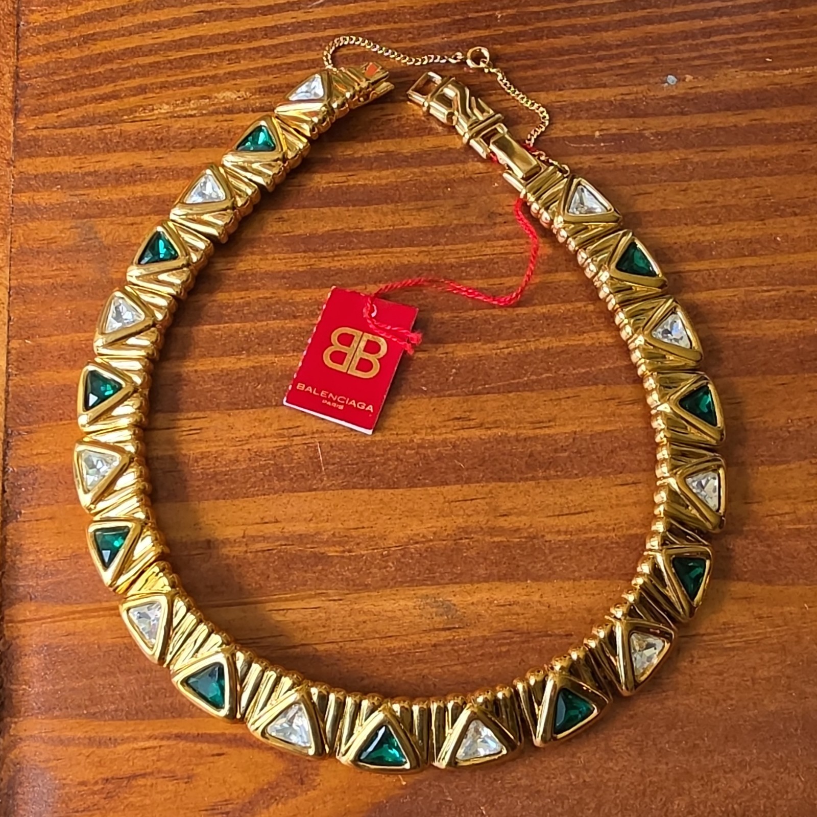RARE Vintage BALENCIAGA Paris Runway Choker Necklace Gold Emerald Green Crystal