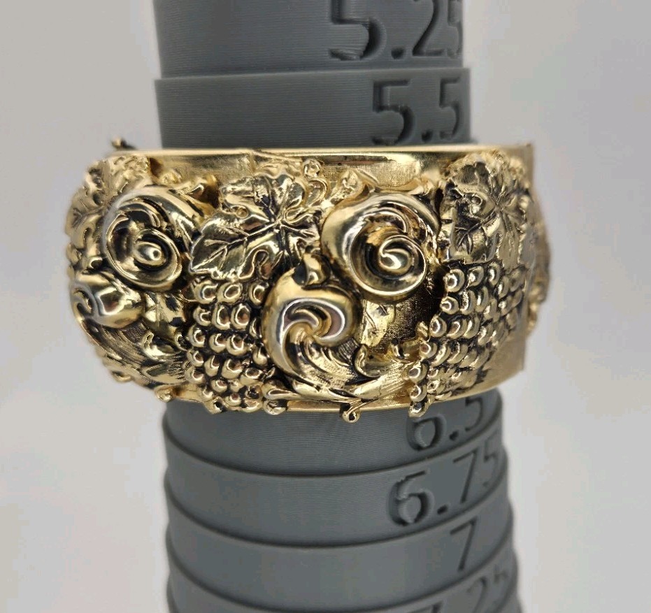 Vtg Repousse Nouveau Grapes Hinged Cuff Bracelet Sz 6.75″ Chunky Gold Filigree