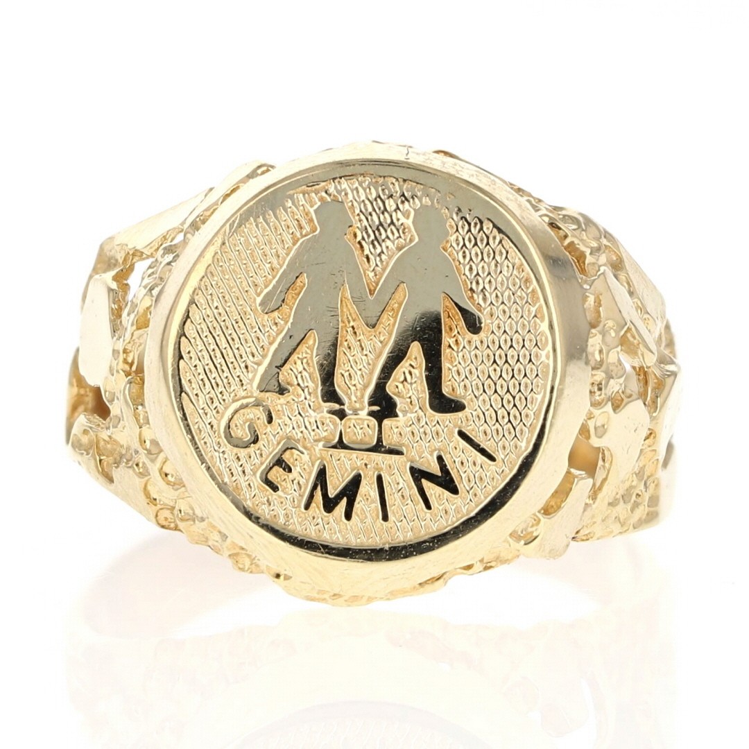 14.7mm Gemini Zodiac Medallion Nugget Signet Ring 14k Yellow Gold 5.47g Size 9