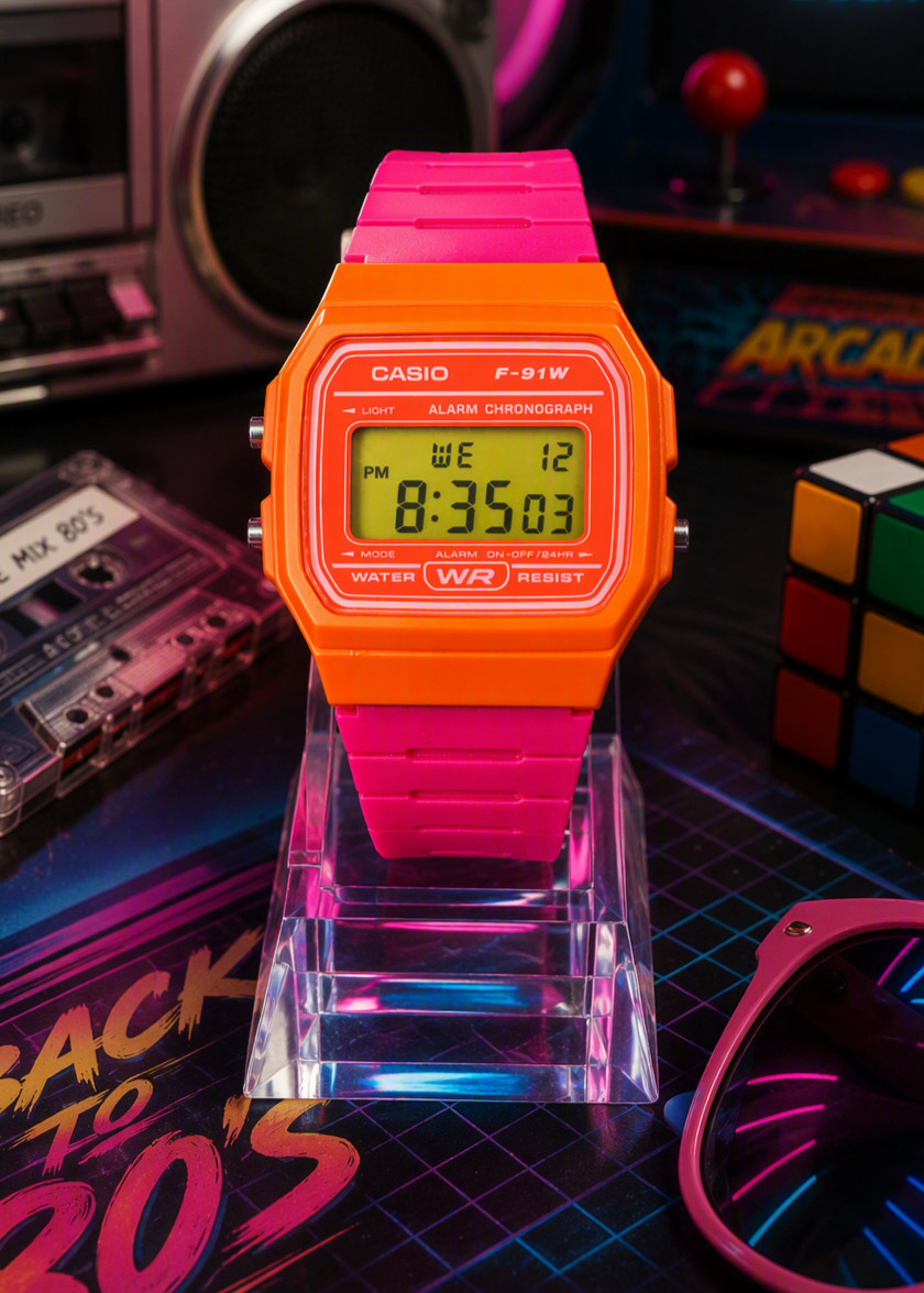 Casio retro 80s f91 Mod Orange and Pink