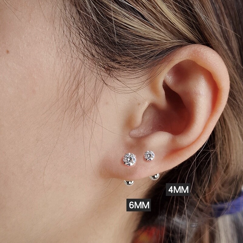 Womens Silver Round CZ Screw Back Ball Stud Earrings 316L Surgical Steel 2-6mm