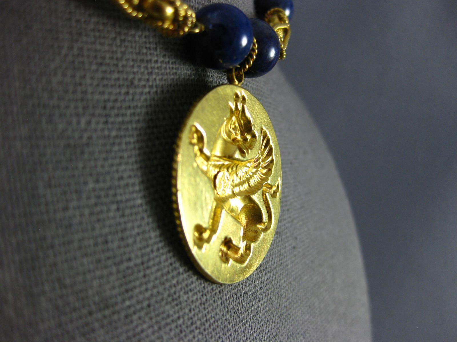 ESTATE LARGE AAA LAPIS 18KT YELLOW GOLD 3D CLASSIC FILIGREE DRAGON FUN NECKLACE
