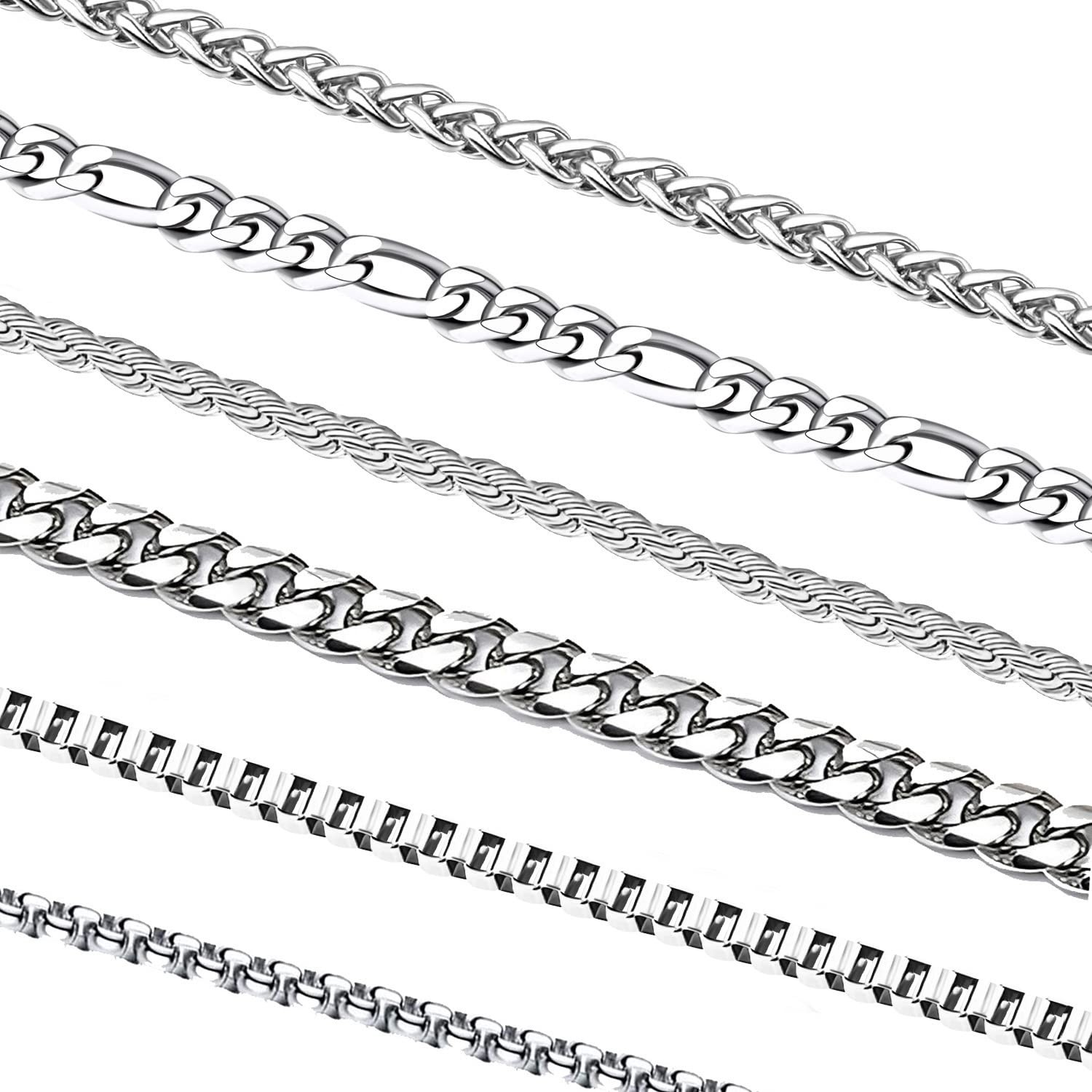 6 Pcs Silver Chains, Stainless Steel Cuban Link/Rope/Box/Figaro/Square Rolo – 01