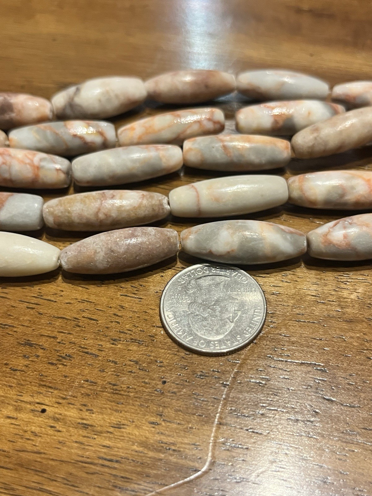 Old Stock Red Stripe Marble Gemstone 3/4in Tube Beads 15in Strand
