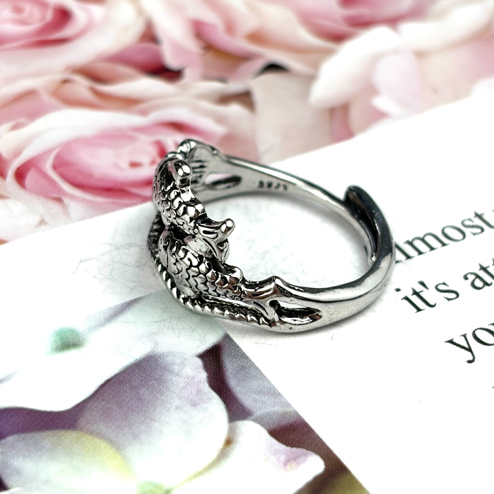 Antique Silver Dual Koi Fish Lotus Adjustable Ring