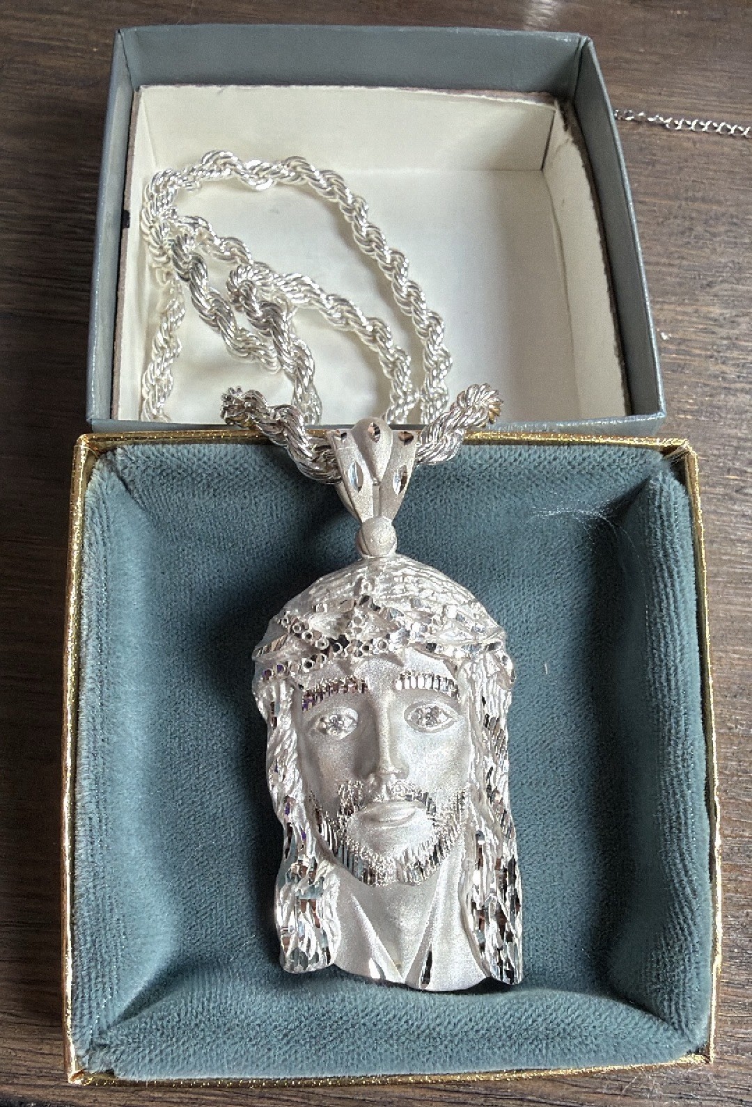 Silver Rope Chain Necklace Engraved Jesus Head Pendant Charm Lobster Clasp