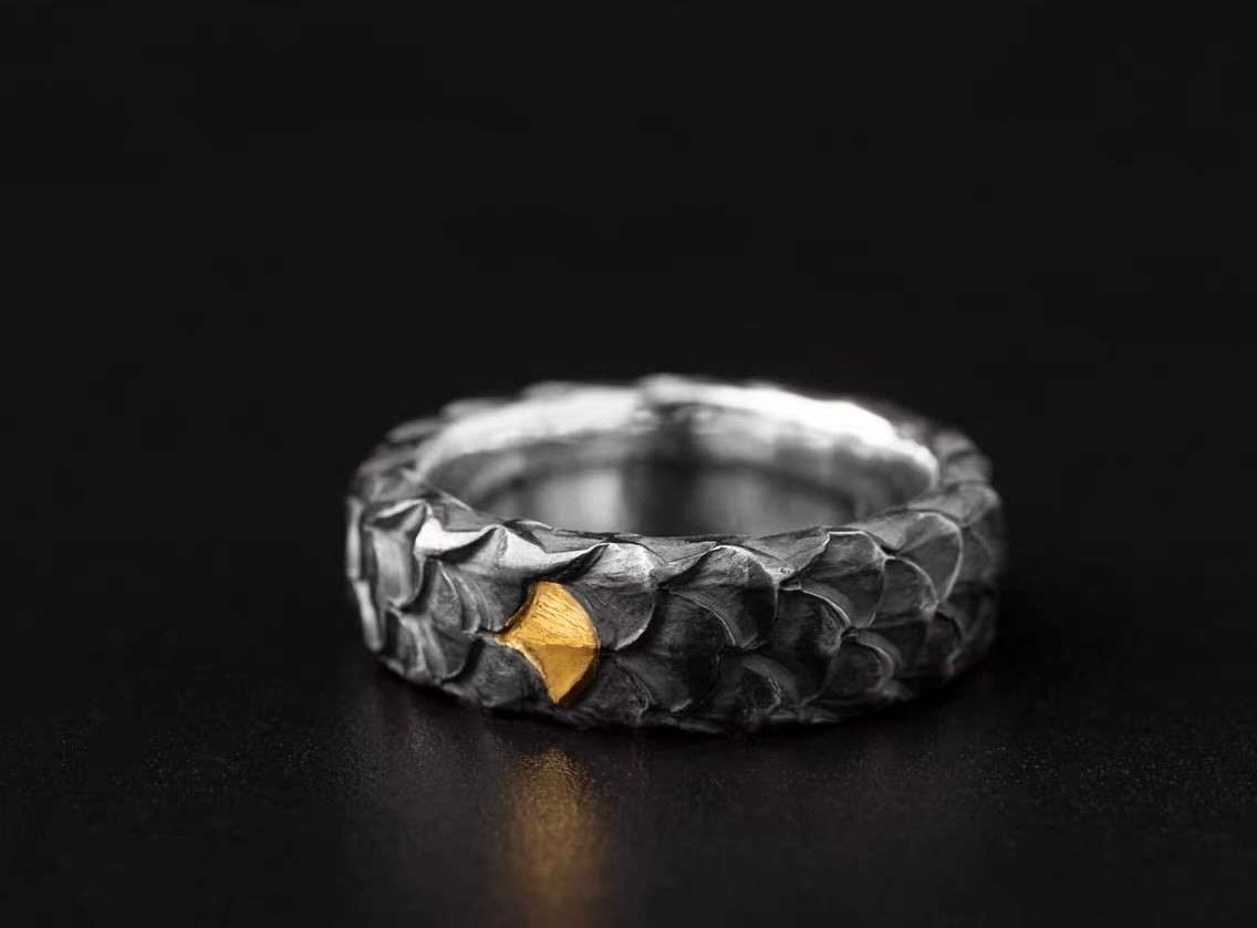 Dragon Scale S999 Silver Ring with 24K Gold Inlay, Japanese Artisan Band