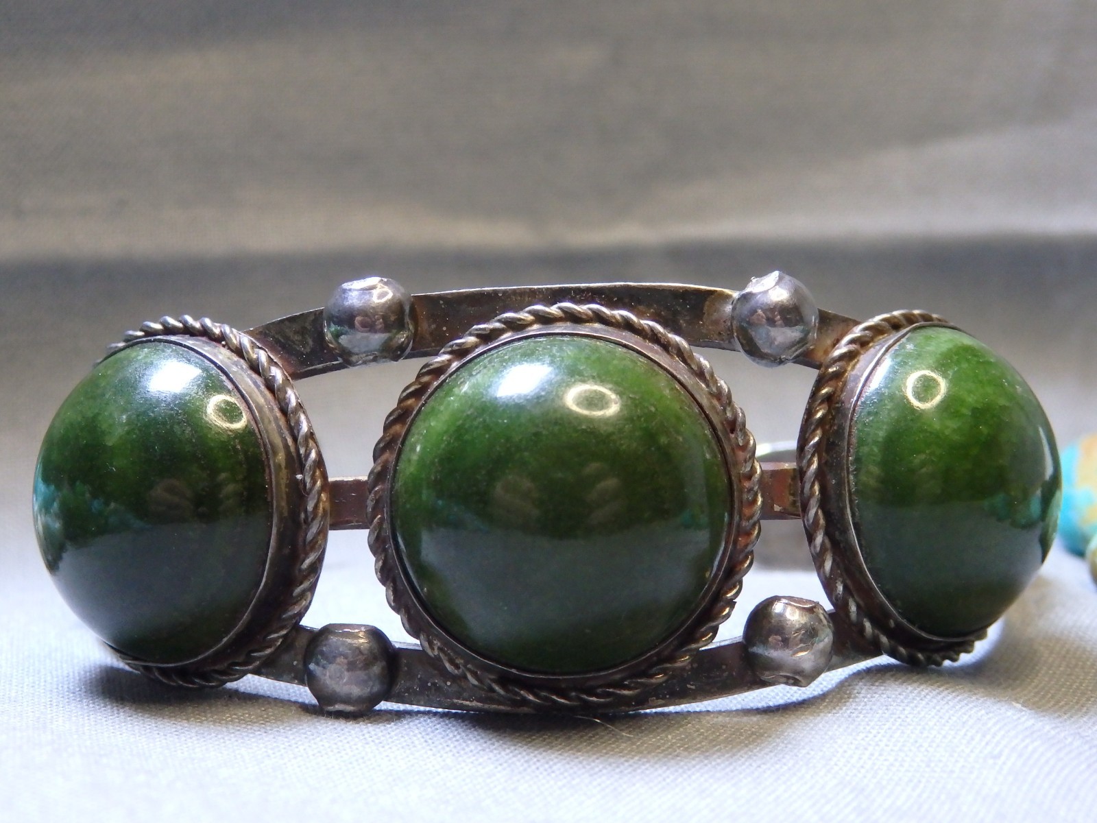 Fred Harvey Era NAVAJO Green TURQUOISE Stamped Coin Silver 40g Cuff Bracelet