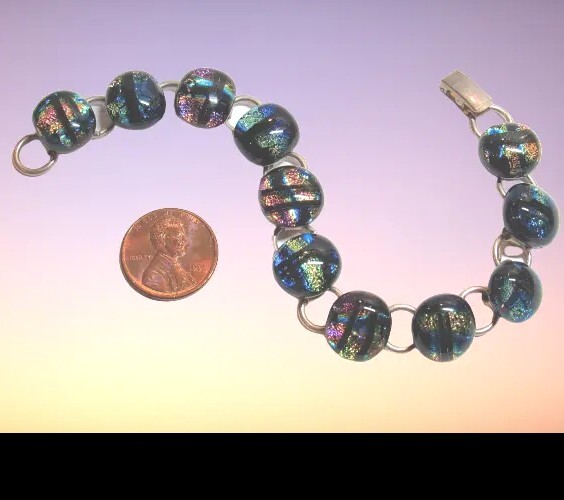 Custom Made STERLING SILVER Multi Color DICHROIC Glass 7″ Bracelet 29.5g