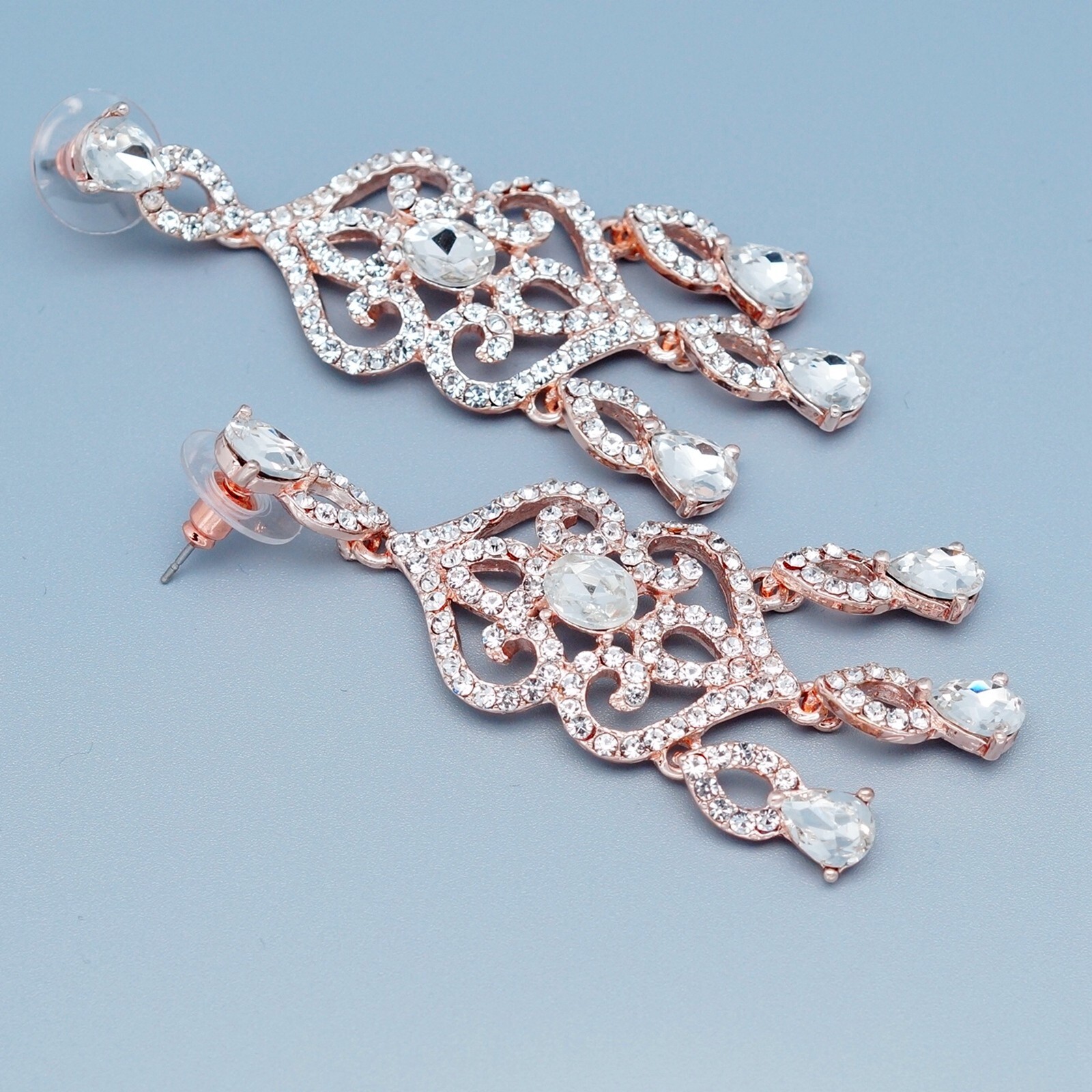 Rose Gold Plated Clear Crystal Rhinestone Chandelier Dangle Earrings Wedding 254