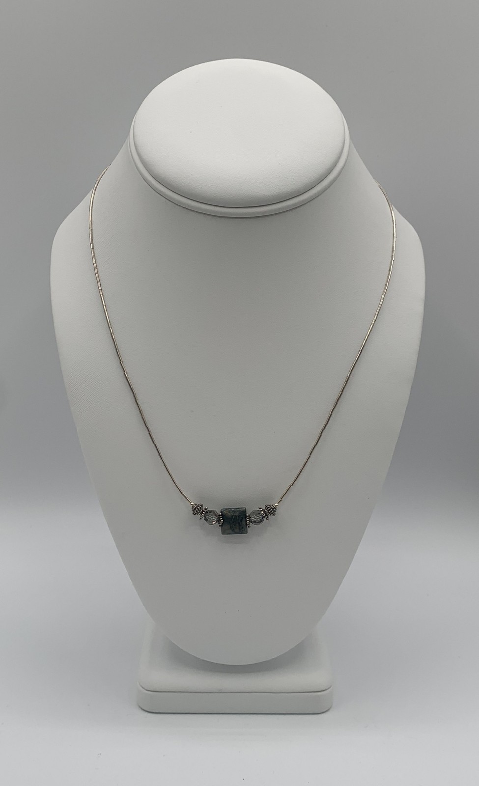 Sterling Silver 925 Liquid Silver Necklace Natural Mottled Stone Accents 18″