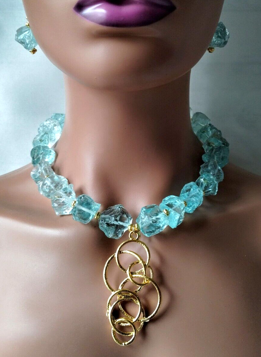 Quartz Nugget Necklace Azul Blue Ocean Gold Statement Chunky Artisan Earring Set