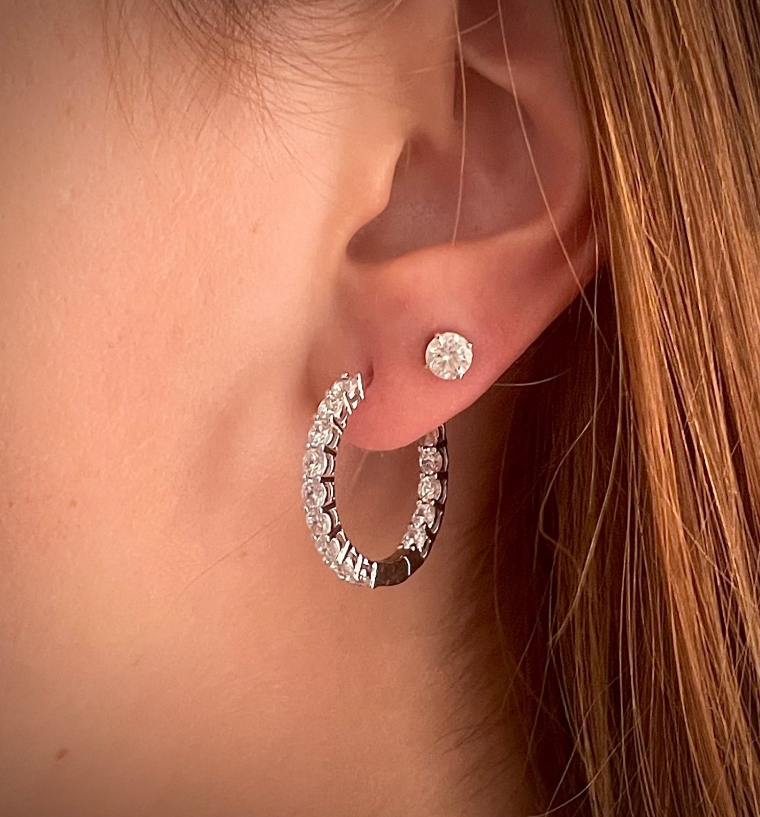 Round Natural Outside & Inside Diamond Mother’s Day Hoop Earrings 14k White Gold