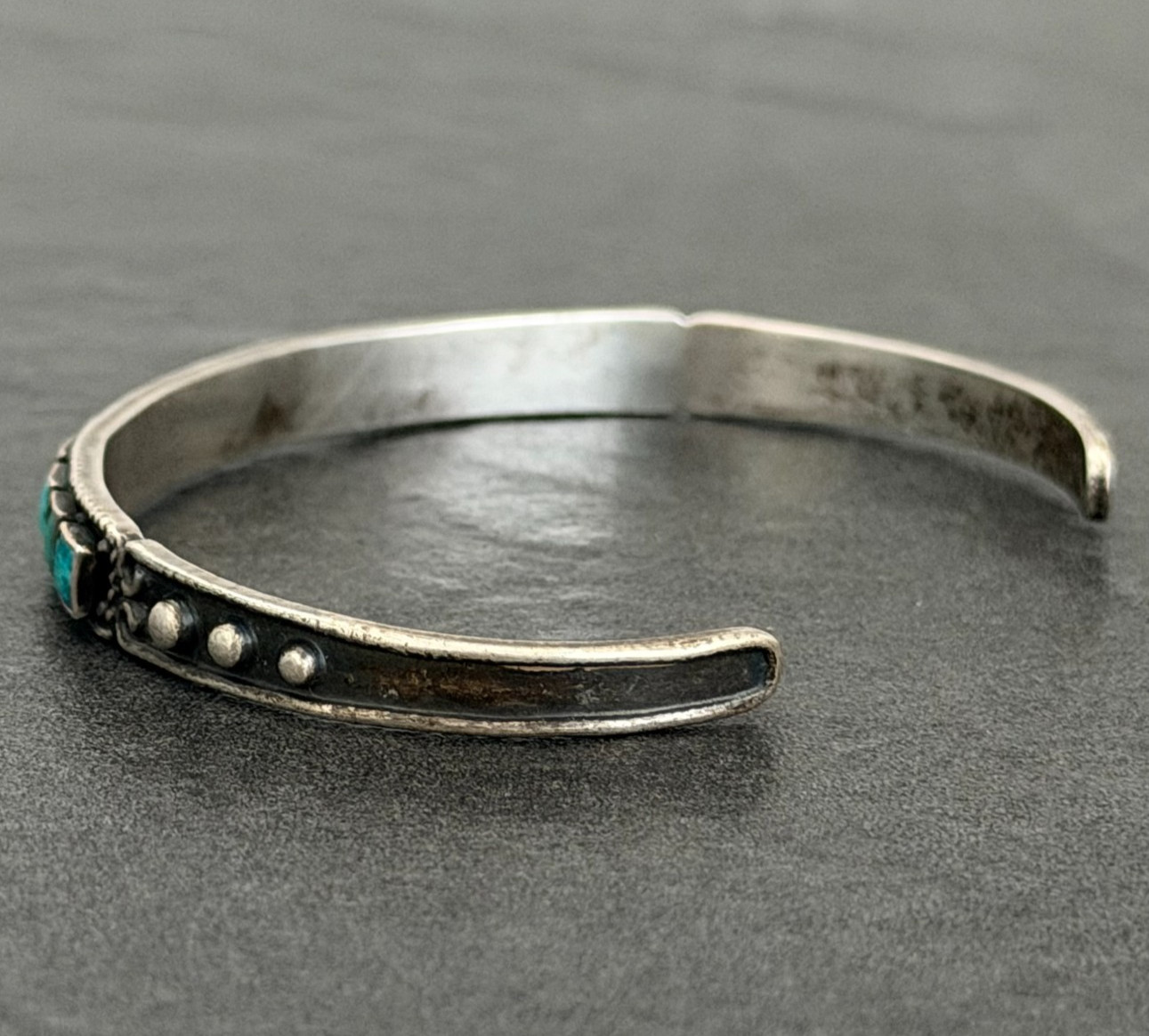 Vintage FRED HARVEY Era ZUNI Square Green Turquoise Silver bracelet 7in