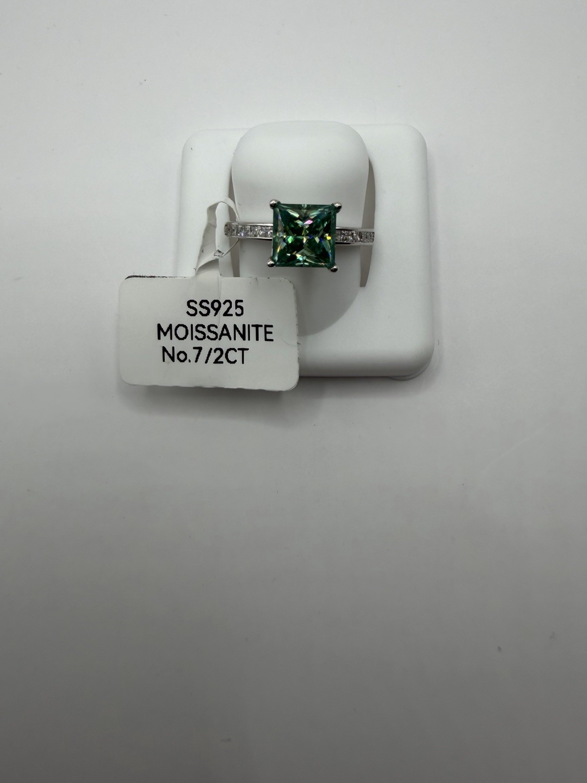 Stamped 925 Sterling Silver Green Square Moissanite Prong Ring Size 6.5