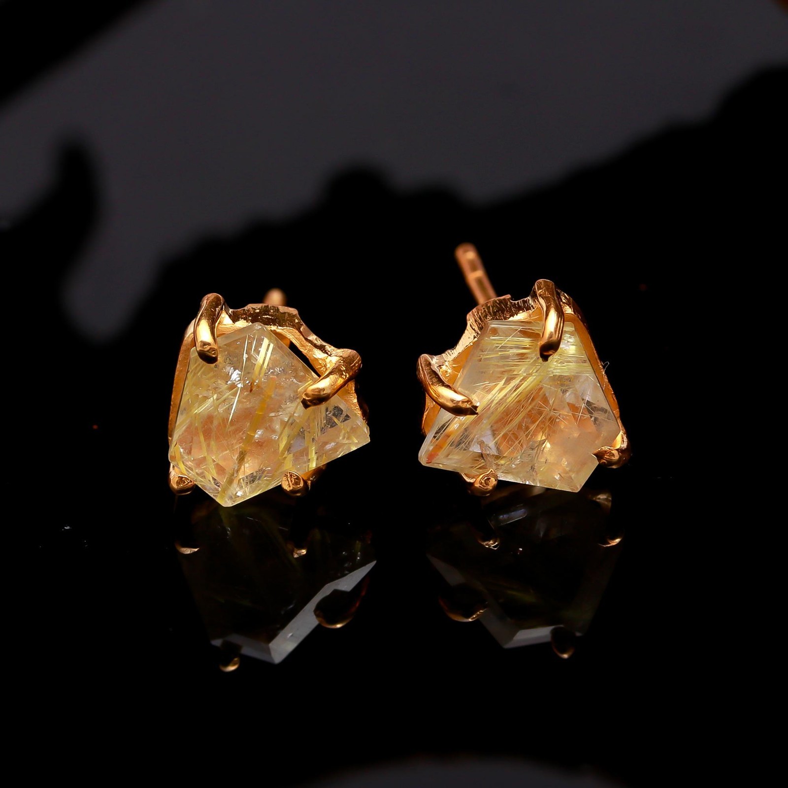 Natural Golden Rutile Shield Stud Earrings Gold Fill 925 Sterling Silver Jewelry