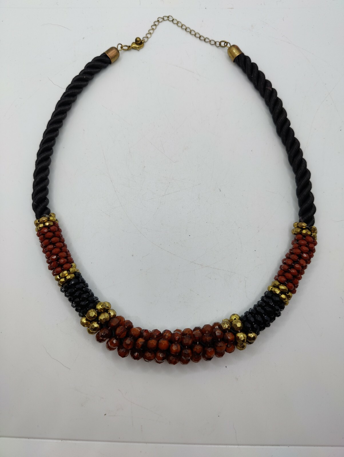 Beaded & Rope Necklace Brownish Red & Black. 10″. Z59