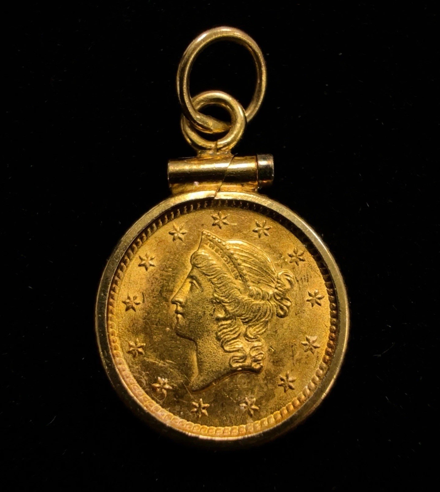 1853 US $1 Gold Liberty Head Coin in 14k Yellow Gold Coin Edge Bezel Pendant