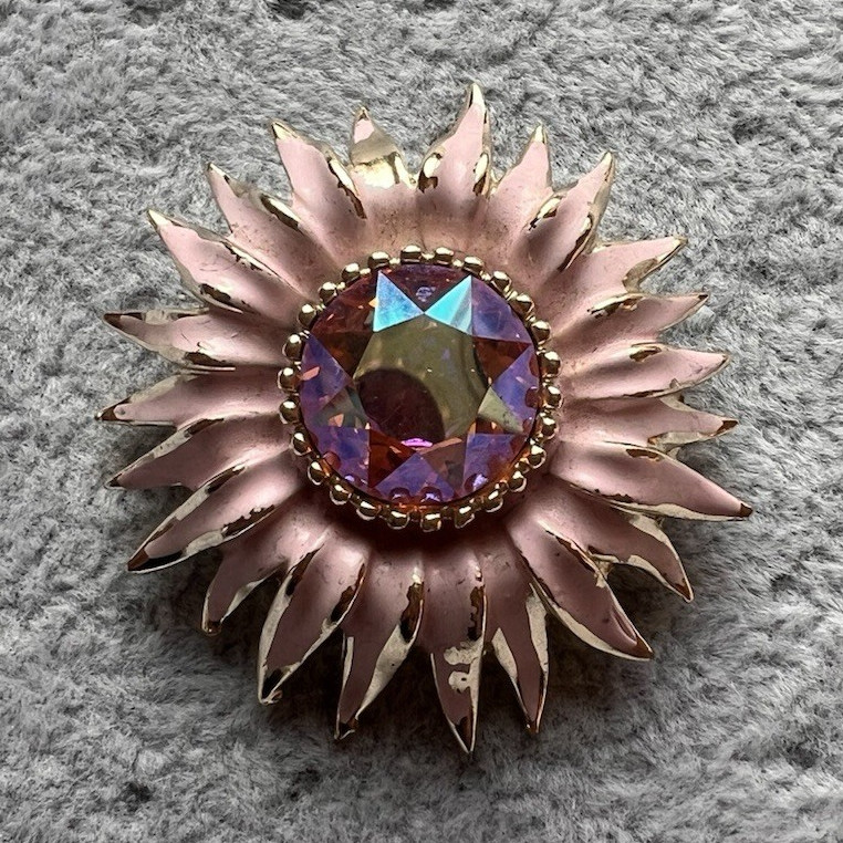 Vintage Signed WEISS Pink Enamel AB Rhinestone Flowerburst Brooch Pin