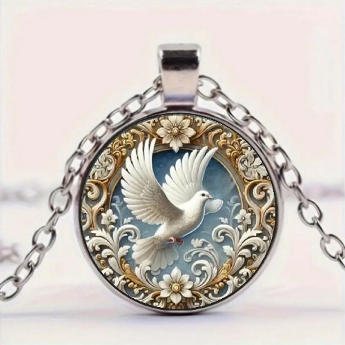 Peace Dove Pattern Art Round Pendant Necklace