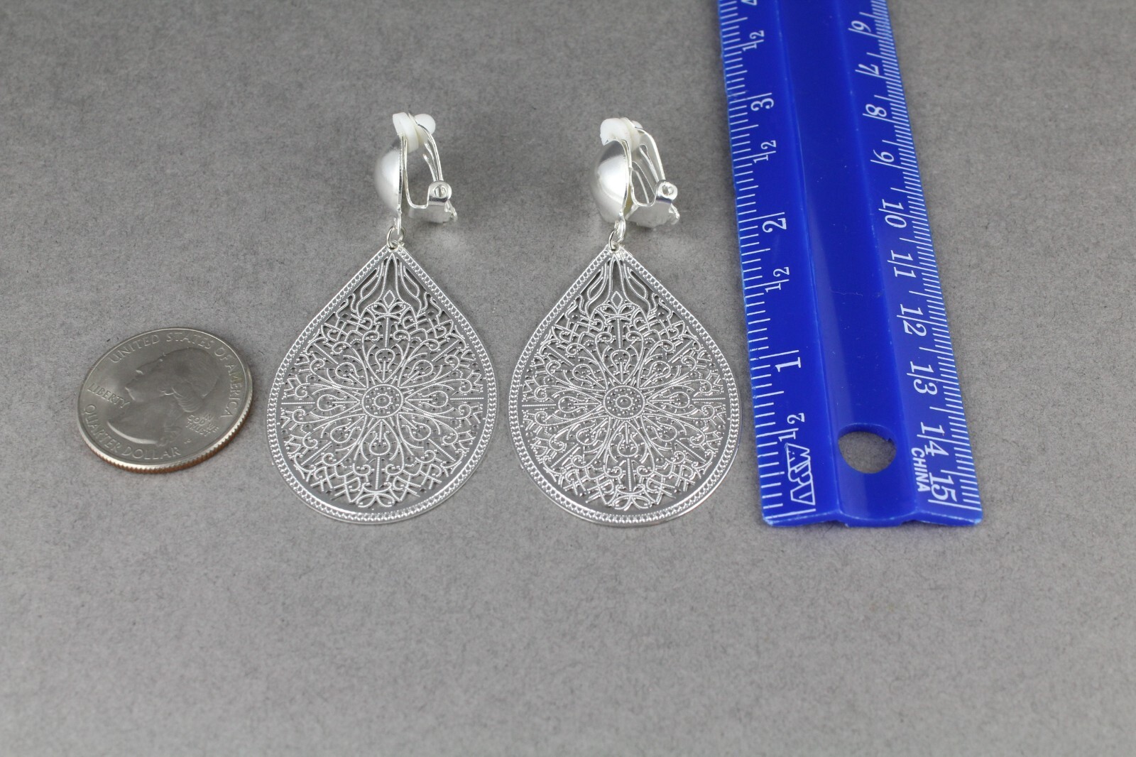 Silver Clip On earrings filigree teardrop pendant clips lightweight 2.5″ long
