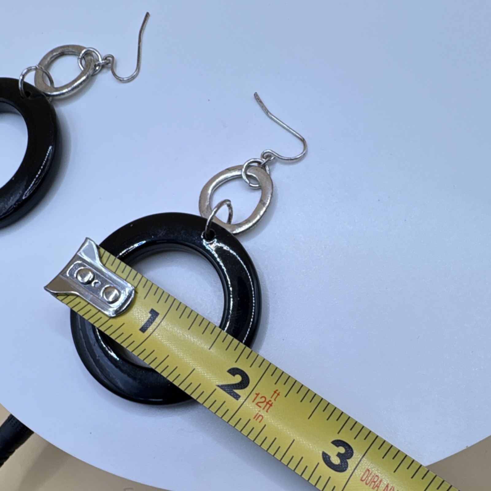 Black Round Dangle/Drop Earrings Silver Tone Hook Closure No Stone 2.8 in