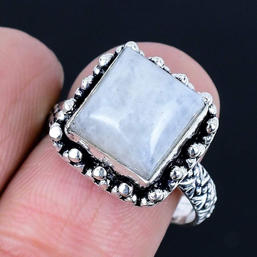 Radiant Rainbow Moonstone Gemstone 925 Sterling Silver Jewelry Ring Size 8