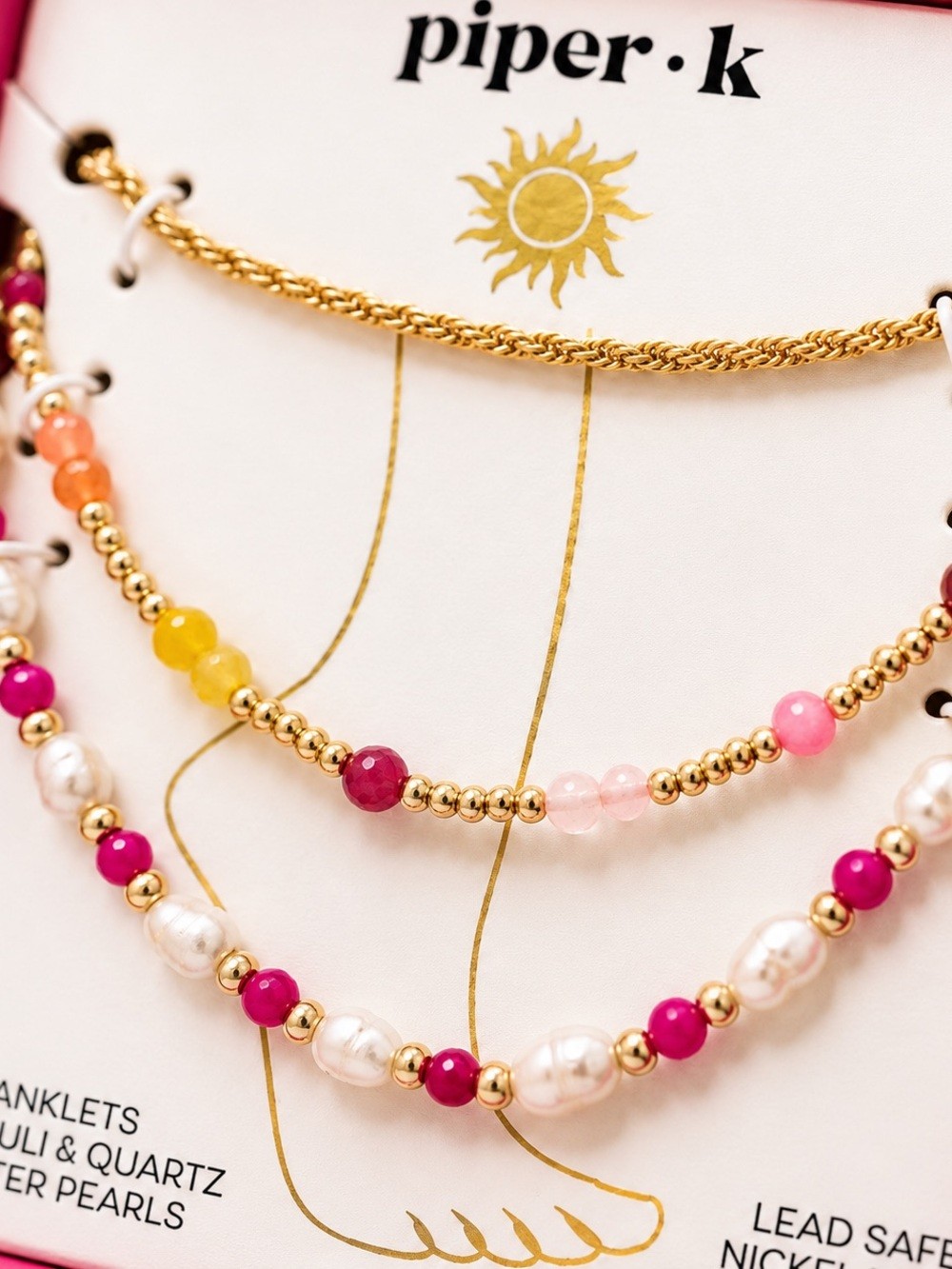 Piper K Freshwater Pearl & Quartz 3 Piece Anklet Set Gold Tone Boho Chic