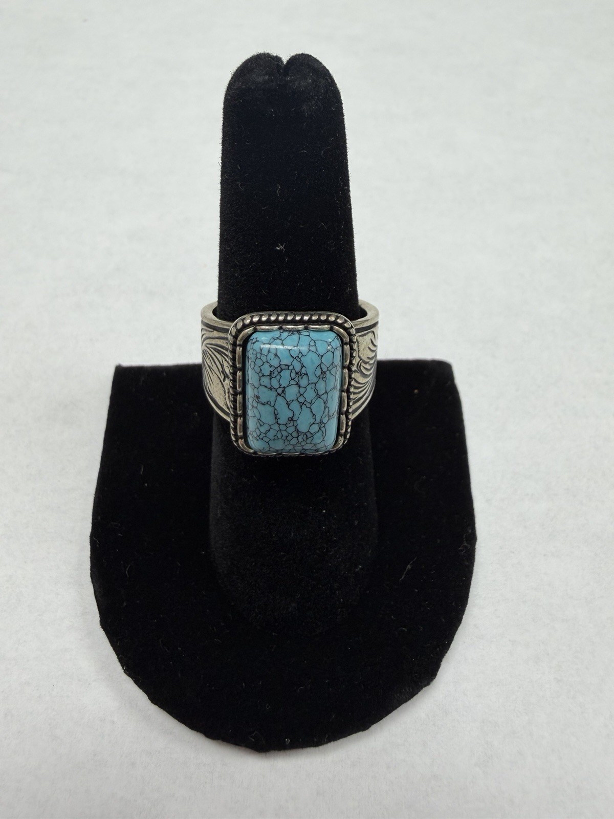 Vintage .925 Navajo Style sterling silver saddle band Turquoise ring Sz 7.7 L104