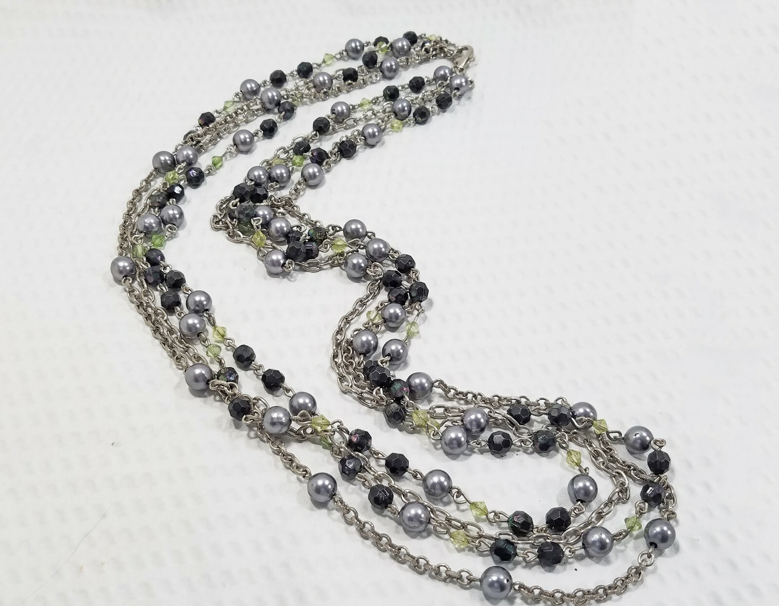 Vintage Black Frosted Gray and Green Beaded Rosary Style Multi Strand Necklace