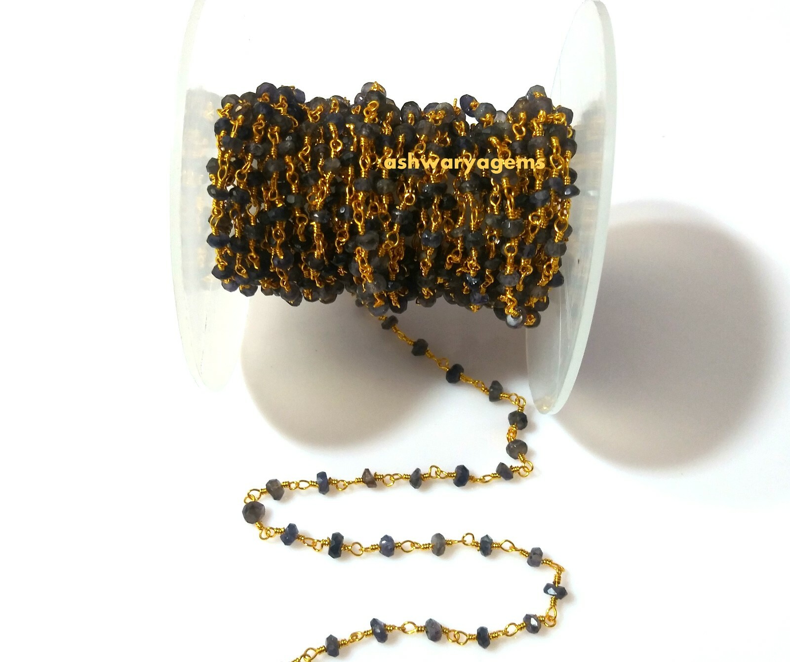 Beaded Chain Iolite Roundelle Faceted 3-4mm Rosary 3 Feet 24k Gold Plated Beads