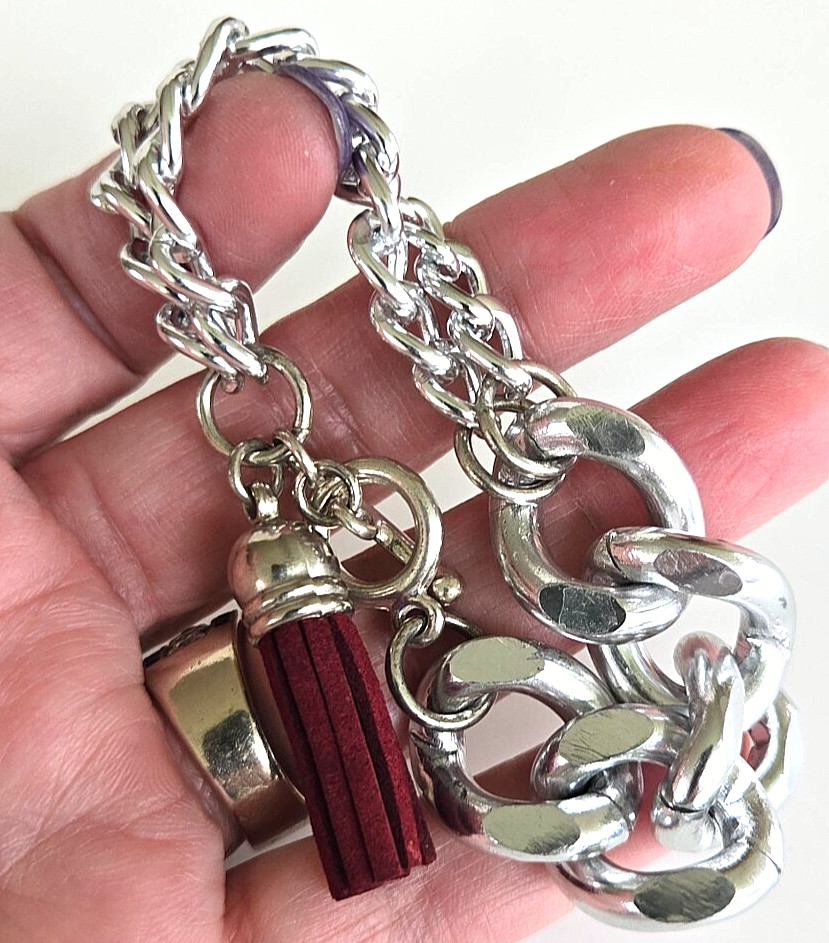 Vintage Silver Tone Aluminum Chain Burgundy Leather Tassel Bracelet 7-1/8″