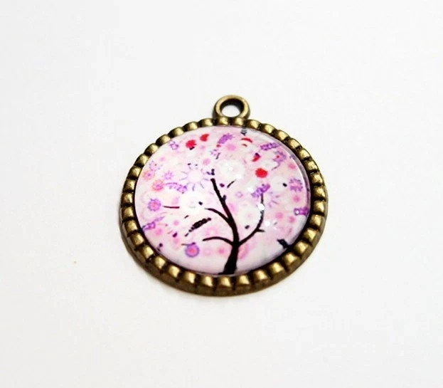 10 Antique Gold Round Colorful Purple Red Glass Tree of Life Pendants 35x30mm