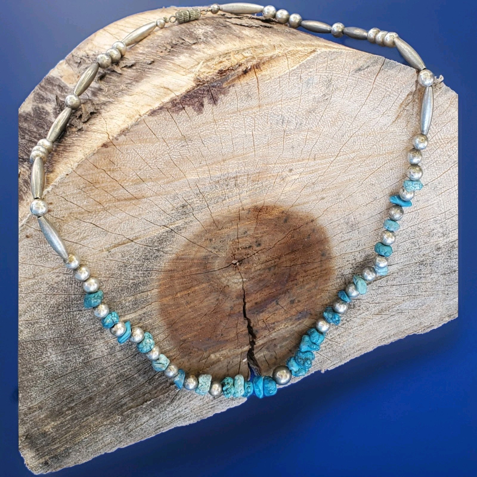 Original NATIVE VINTAGE NAVAJO TURQUOISE STERLING SILVER Beads NECKLACE 21″ INCH