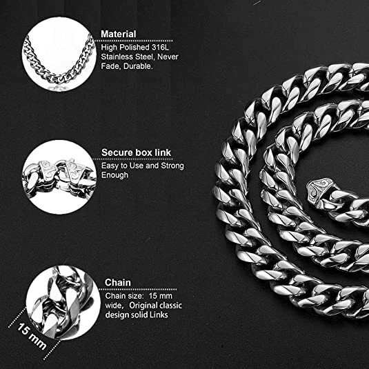 Men’s Black/Silver/Gold Stainless Steel Curb Cuban Link Chain Necklace 16″-40″