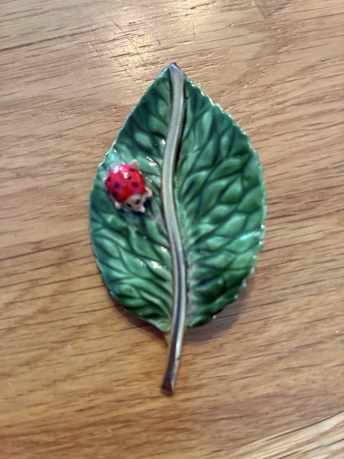 Vintage Original by Robert Brooch Pin Signed Rare Green Leaf Red Lady Bug 2.5 In