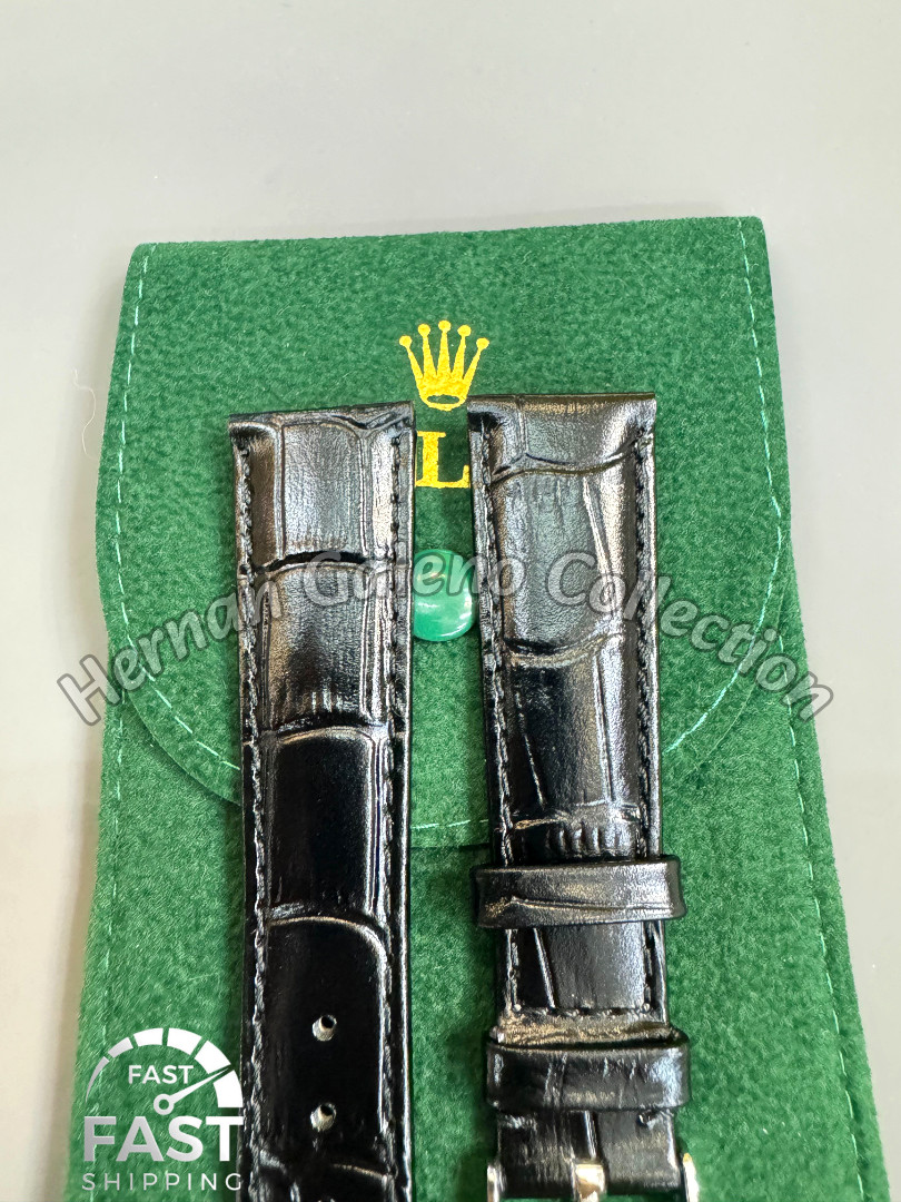 Rolex Black Crocodile Leather Watch Strap Silver Buckle 20mm Vintage NOS