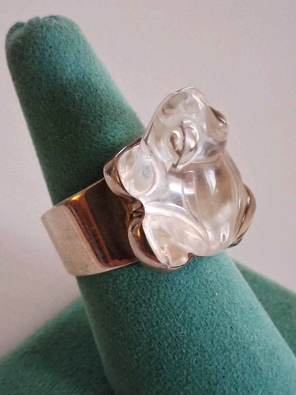 Hand Carved Rock Crystal Quartz Frog Statement Ring Size 10 Sterling Silver NIB