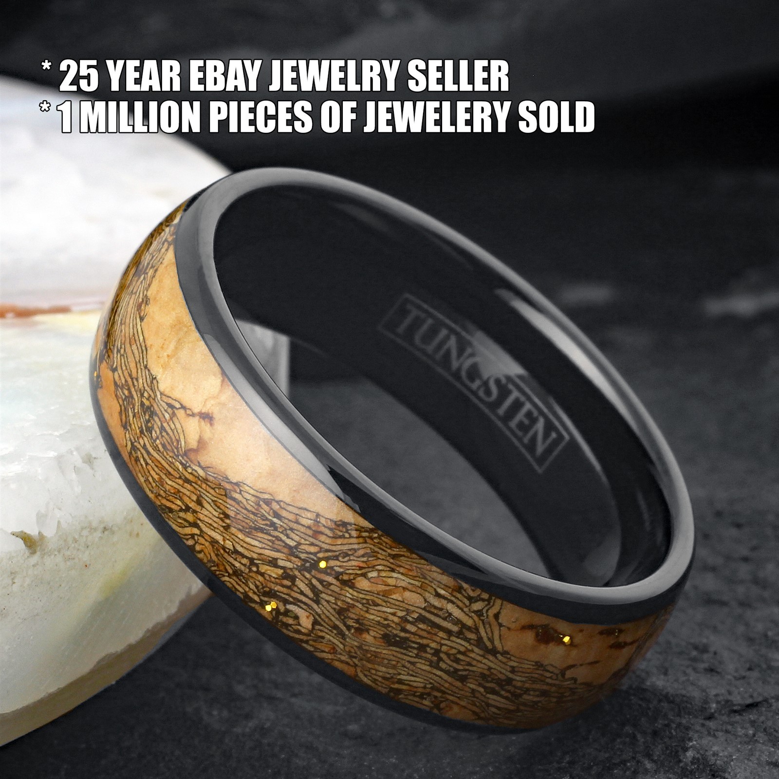 8mm Black Tungsten Carbide Wood w/ Black Grain Wedding Band Ring
