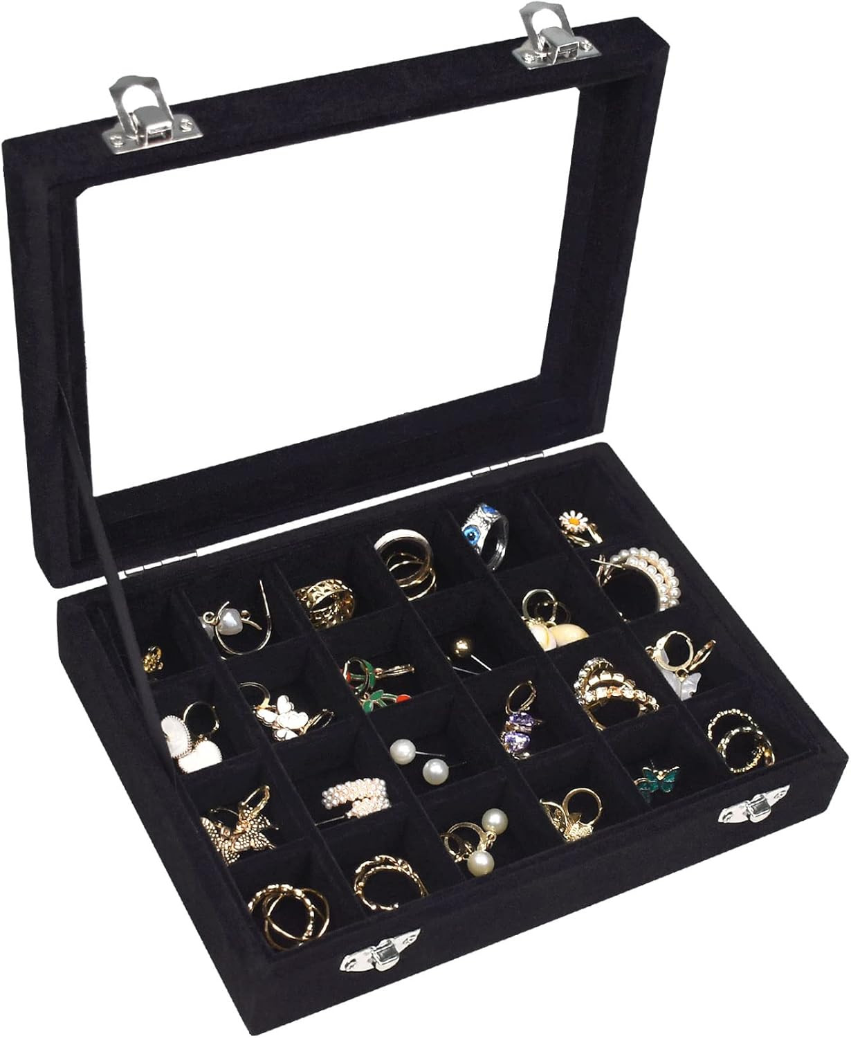 Velvet Jewelry Box 24 Grid Jewelry Ring Display Organiser Box Tray Holder Earrin