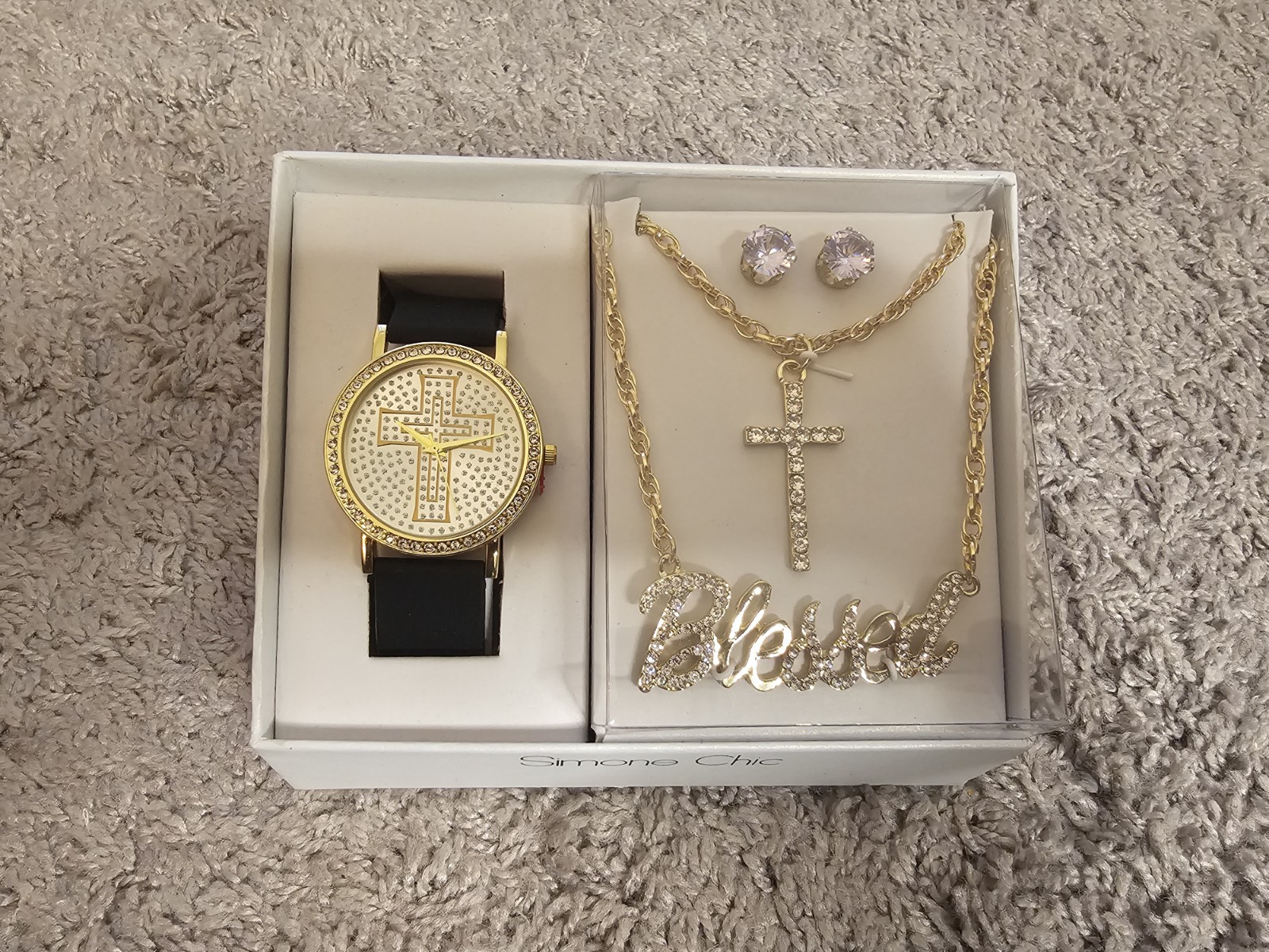 Brand new never been worn. Necklace says blessed, has a watch and earrings.