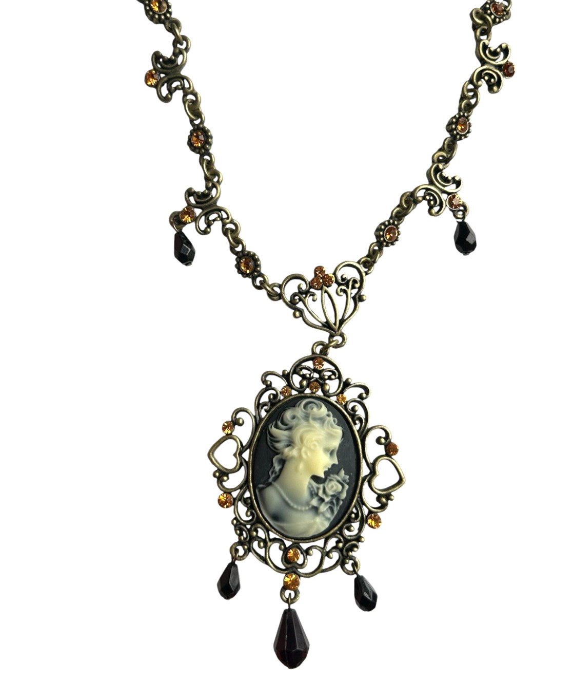 Lady Cameo Necklace Black Vintage Style Brown Beaded Floral Chain Charm N1462