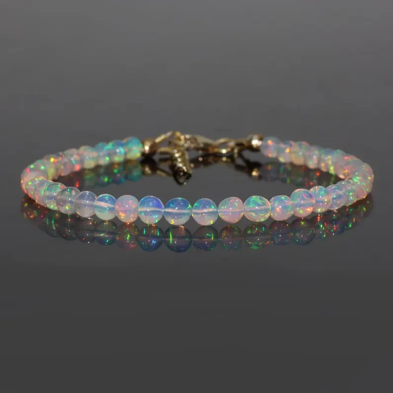Natural Round Opal Gemstone Jewelry for Her, Ethiopian White Opal Beaded