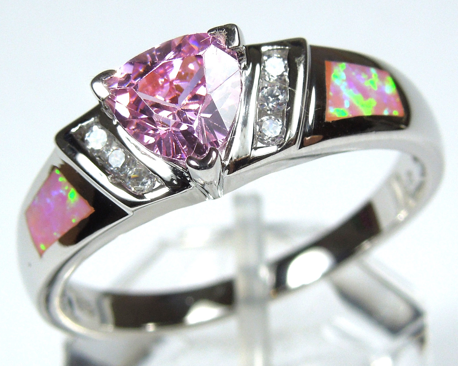 Trillion Pink Topaz & Pink Fire Opal Inlay 925 Sterling Silver Ring Size 6 – 9