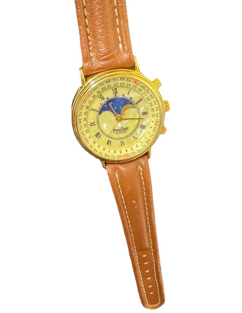 Preciso Quartz Calendar Moon Phase Quartz Watch Hour Unisex Mother of Pearl Dial