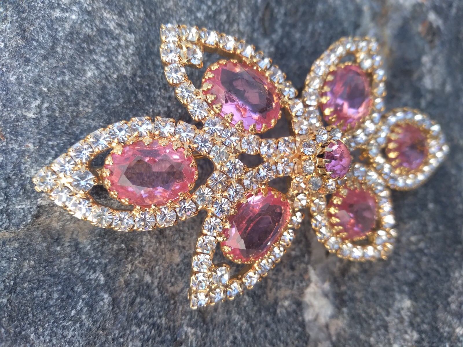Sparkly Pink Rhinestone Brooch Gold Tone Statement 3.75 in Vintage