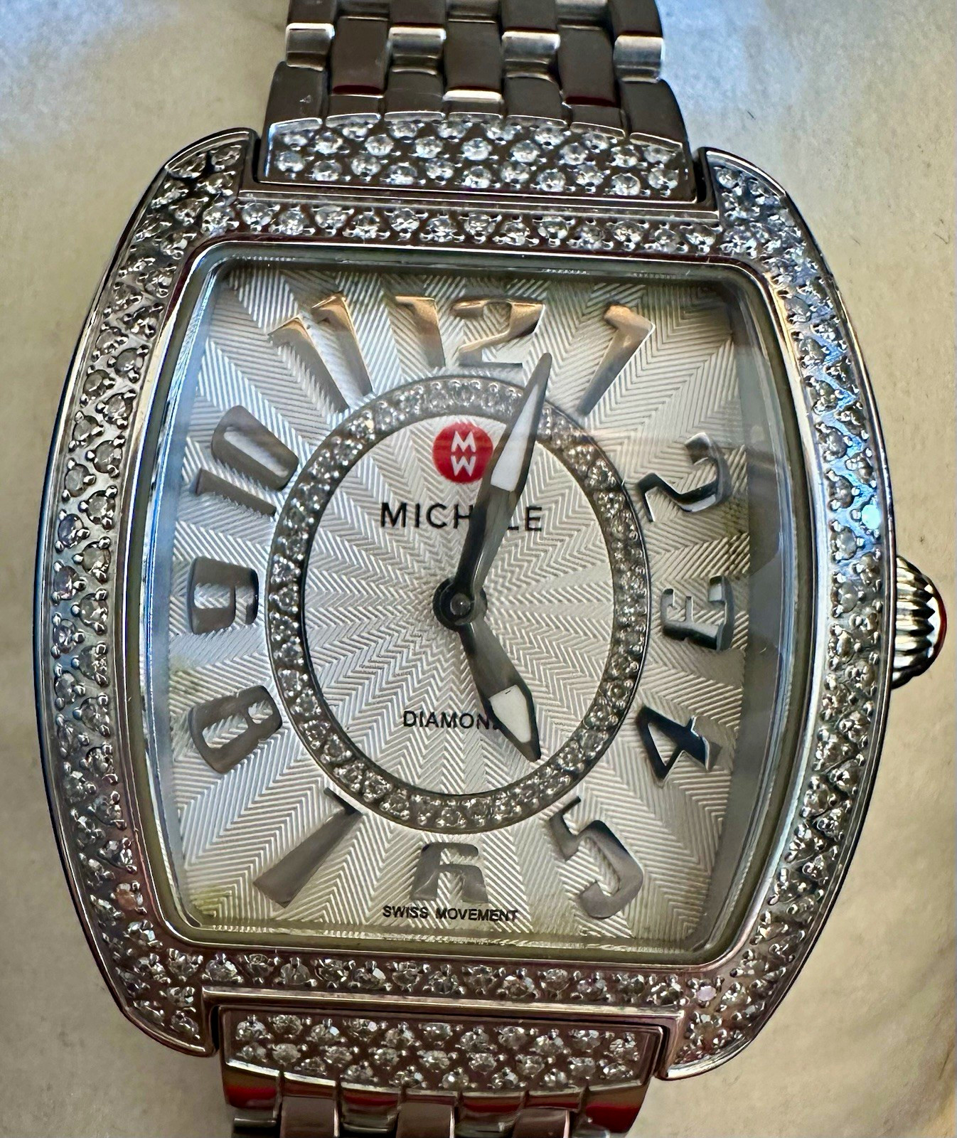 MICHELE Urban Mini Diamond Bezel Swiss Movement Sapphire SS Bracelet 50m